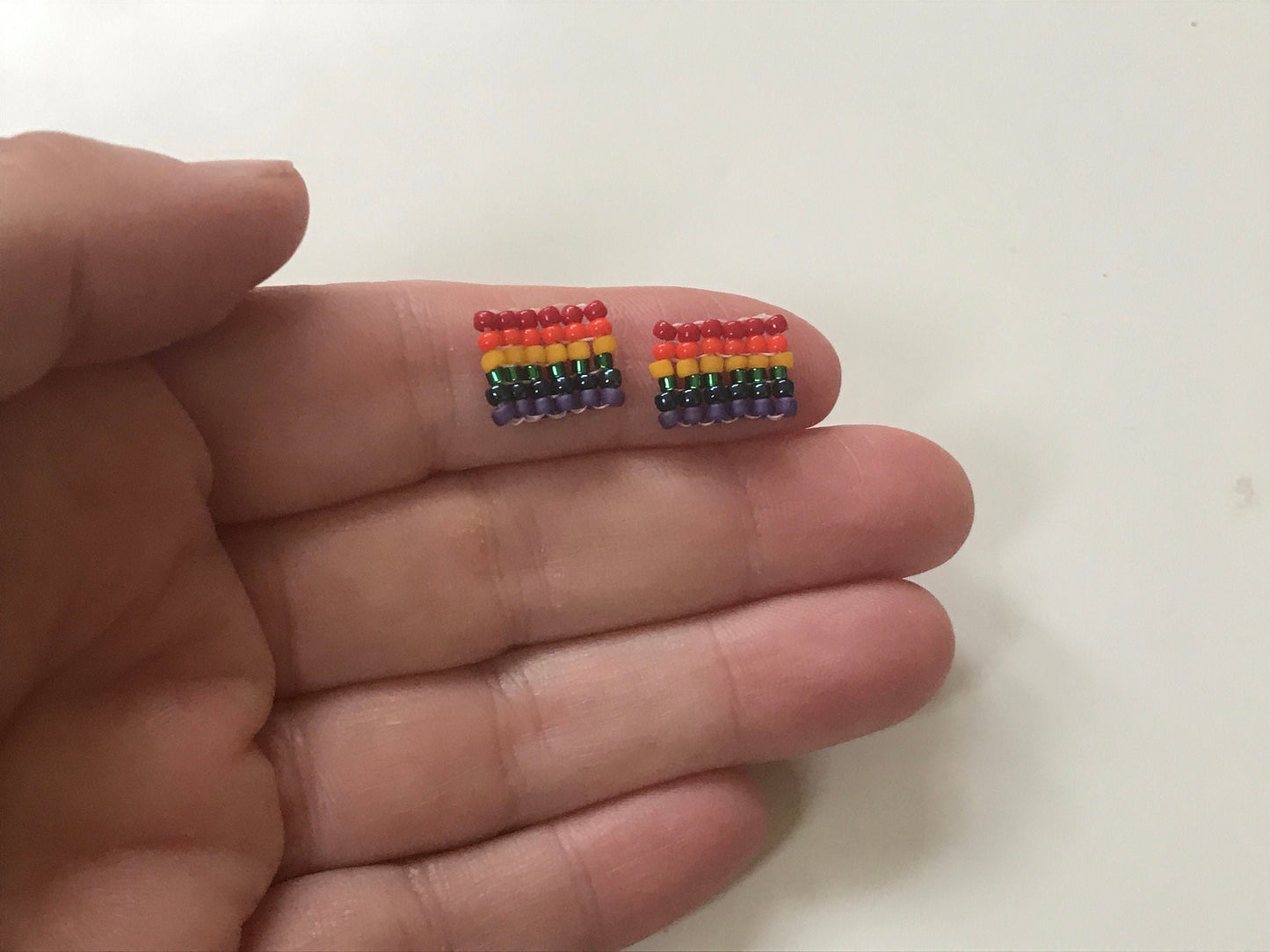 Tiny hand beaded PRIDE rainbow stud earrings - beadwork earrings