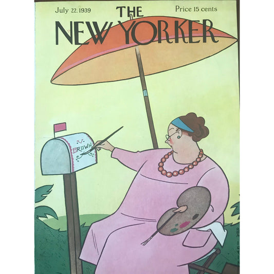 Rare - July 22, 1939 - The NEW YORKER Magazine original cover by Rea Irvin - pink dressed woman painting mailbox - please read description