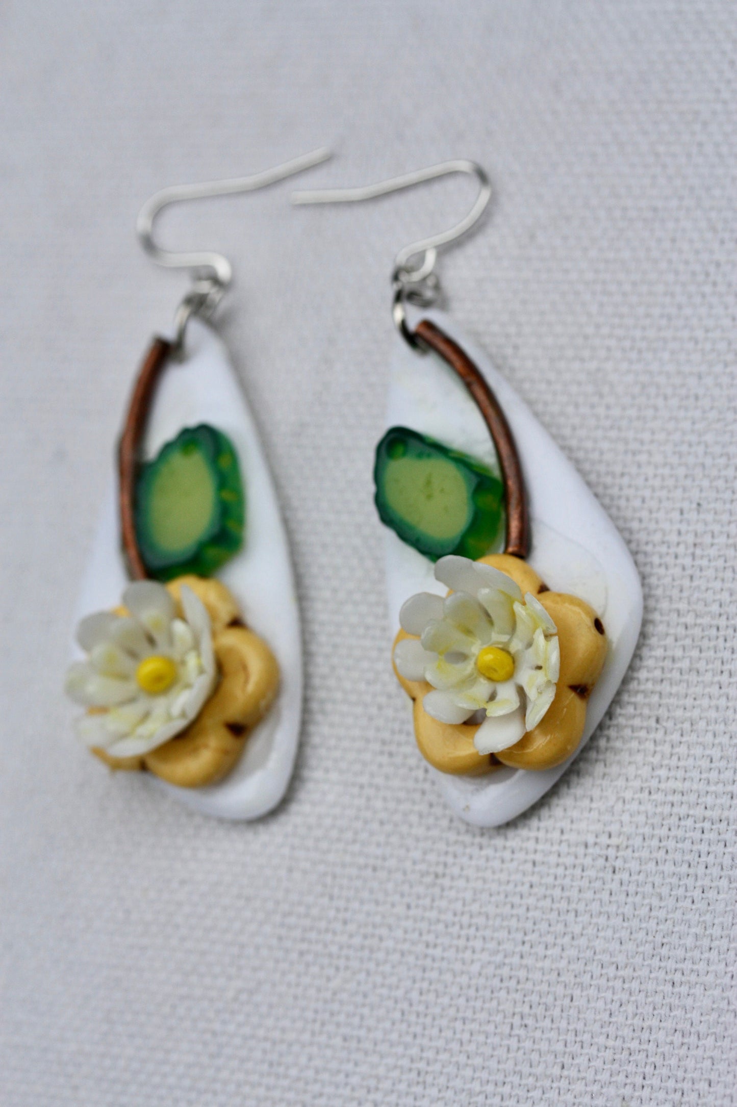 Unique Beadwork collage daisy flower earrings with sterling silver ear wires