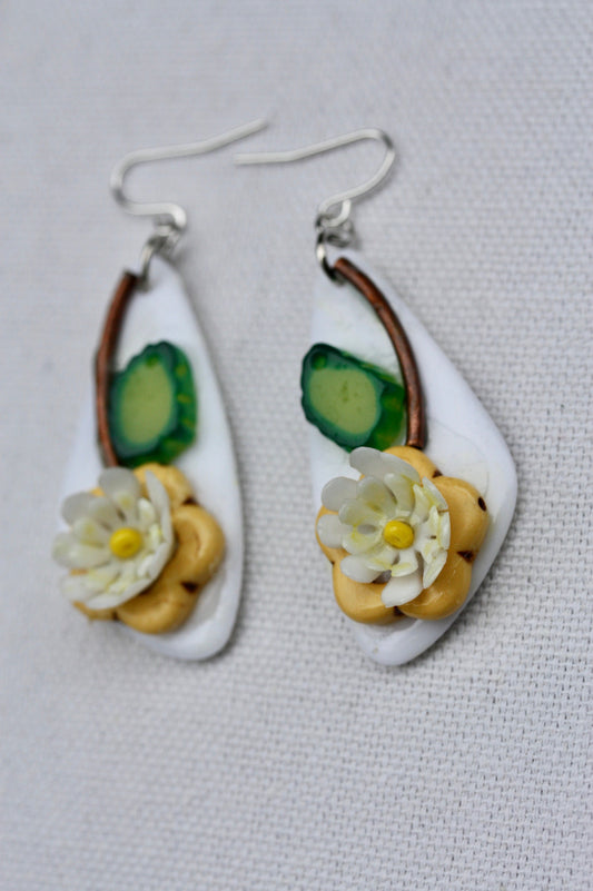 Unique Beadwork collage daisy flower earrings with sterling silver ear wires