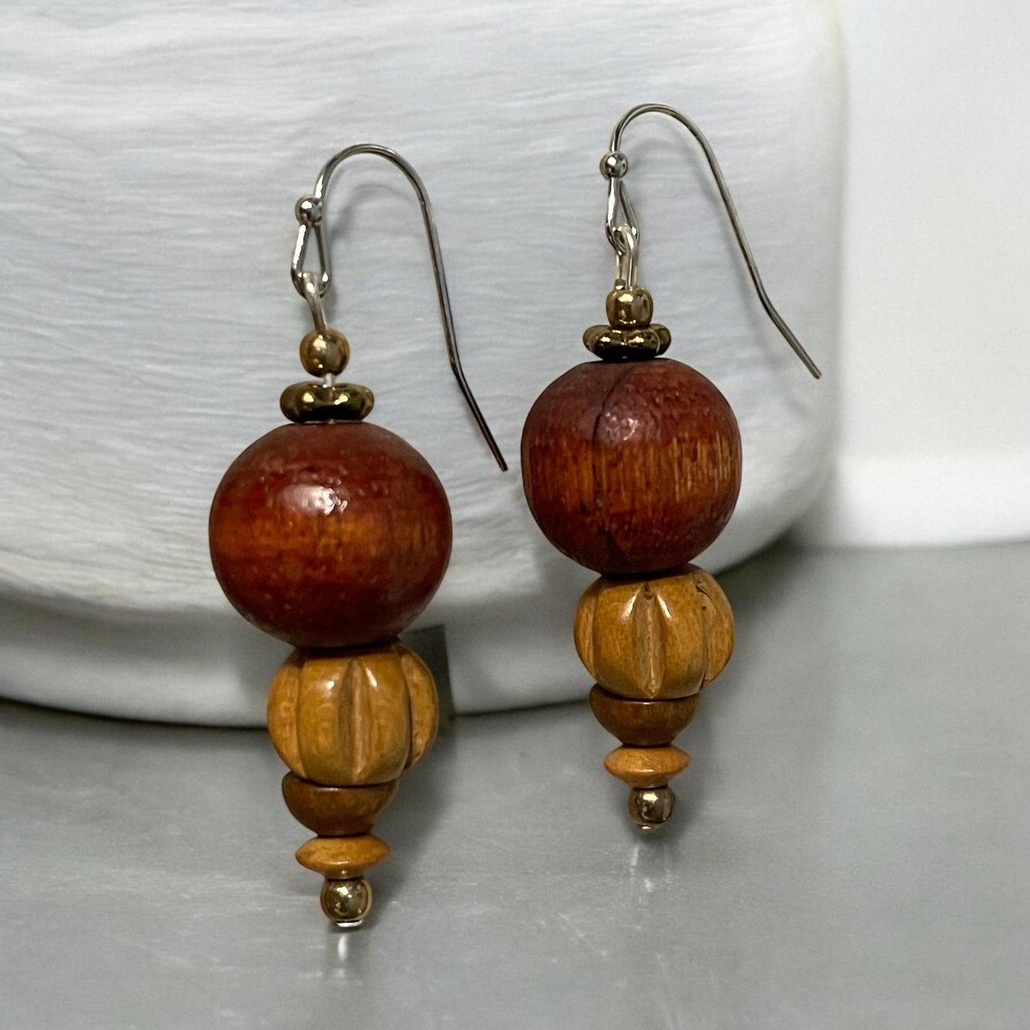 Handmade dangle earrings made with vintage wooden beads