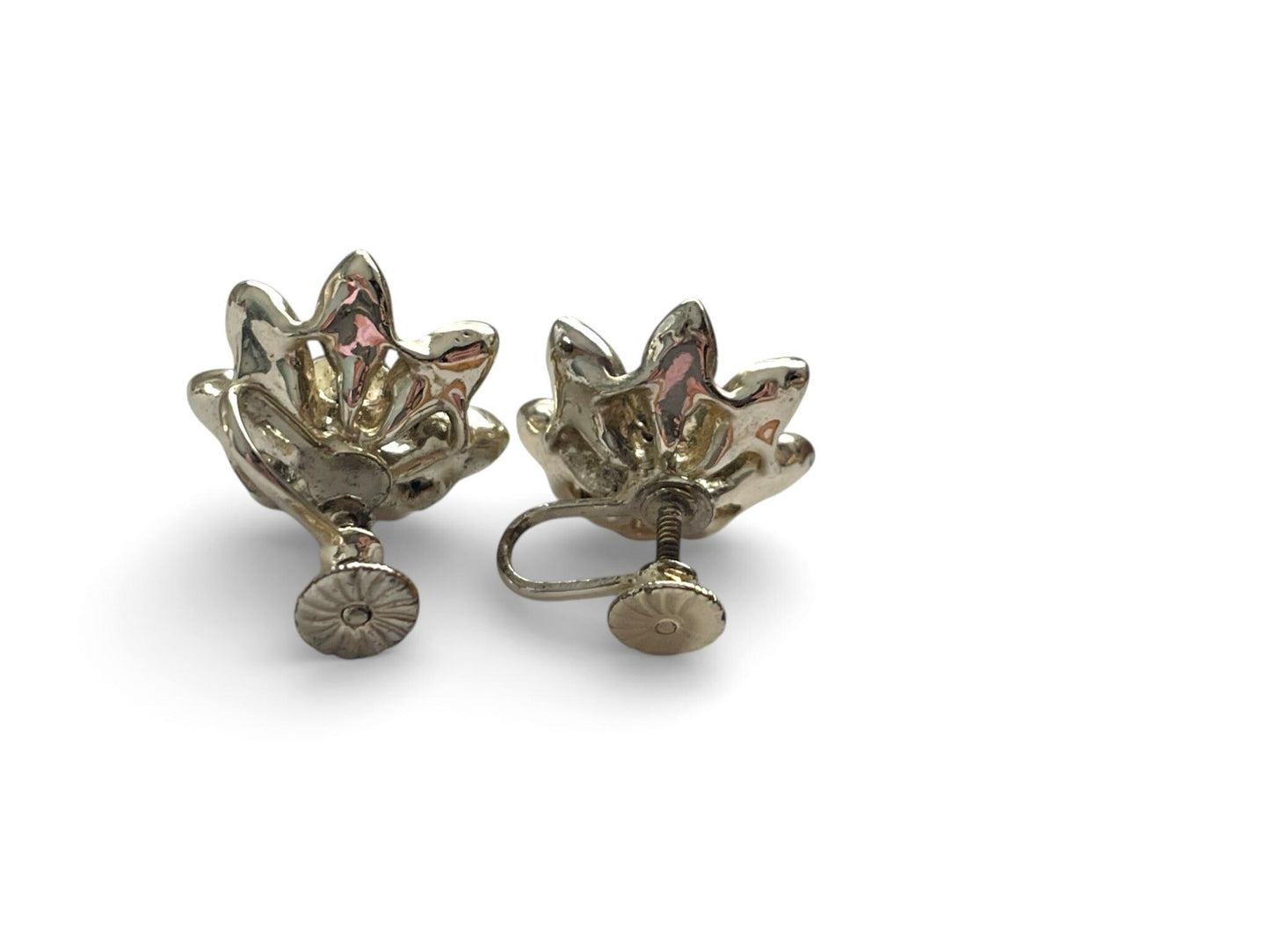 Vintage 1950s Flower Earrings – Cream Enamel & Aqua Rhinestone – Gold Tone Screw Back – Retro Spring Floral Jewelry