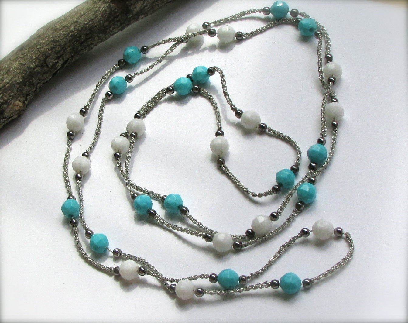 Blue & white beaded vintage necklace on tiny crocheted silvery thread