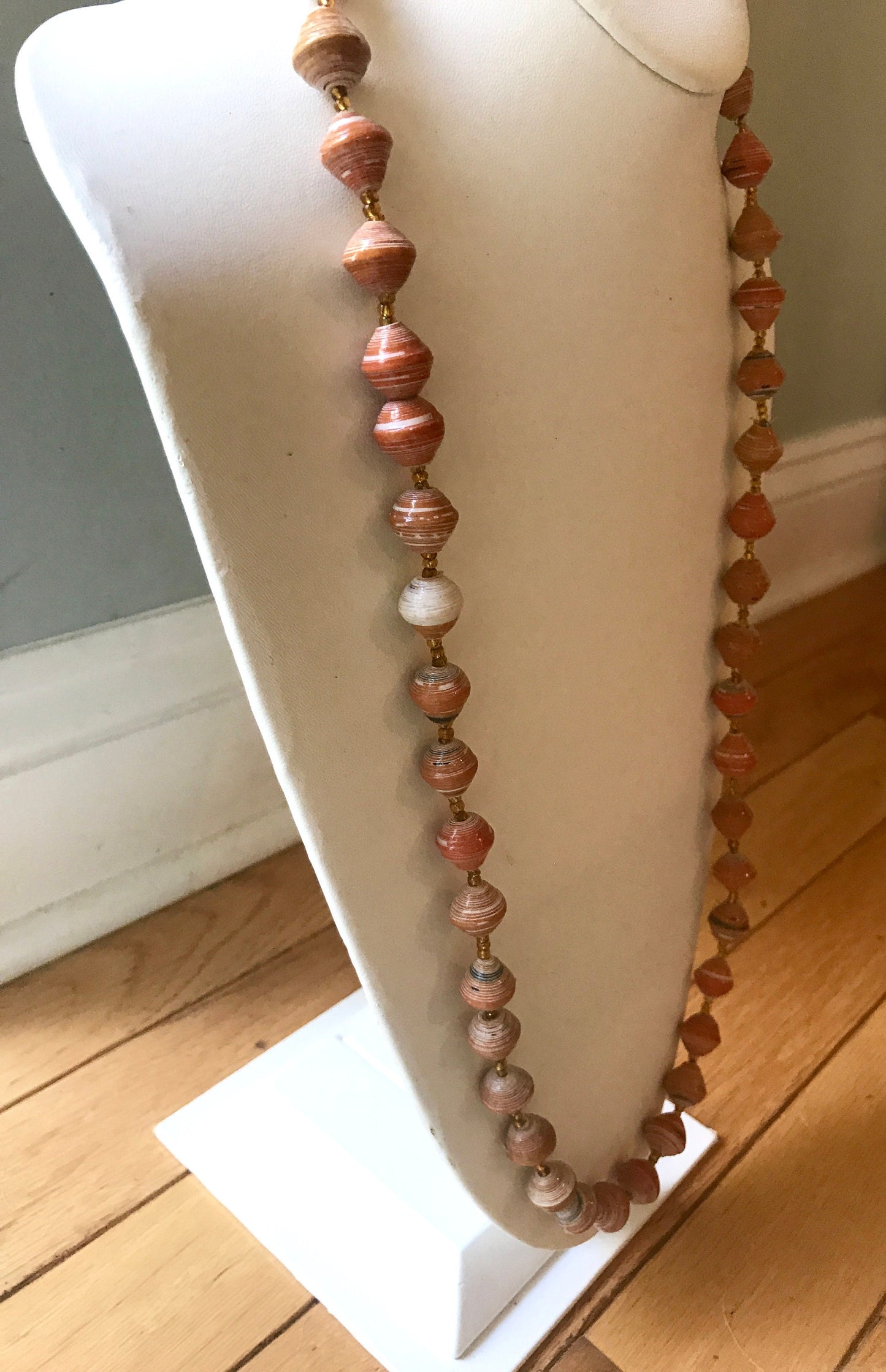 Unique orange vintage artisan necklace - beads look like porcelain but are actually made of rolled paper that's been painted & sealed