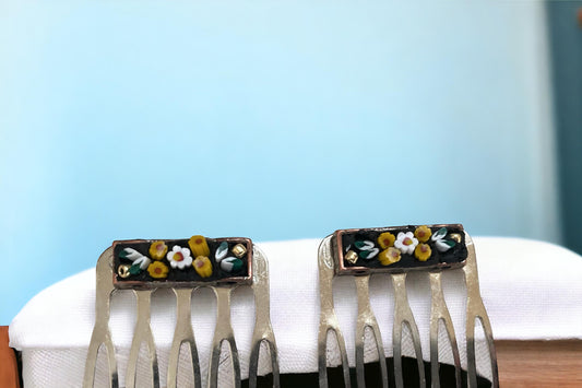 Pair of one-of-a-kind handmade Italian glass micro mosaic hair combs