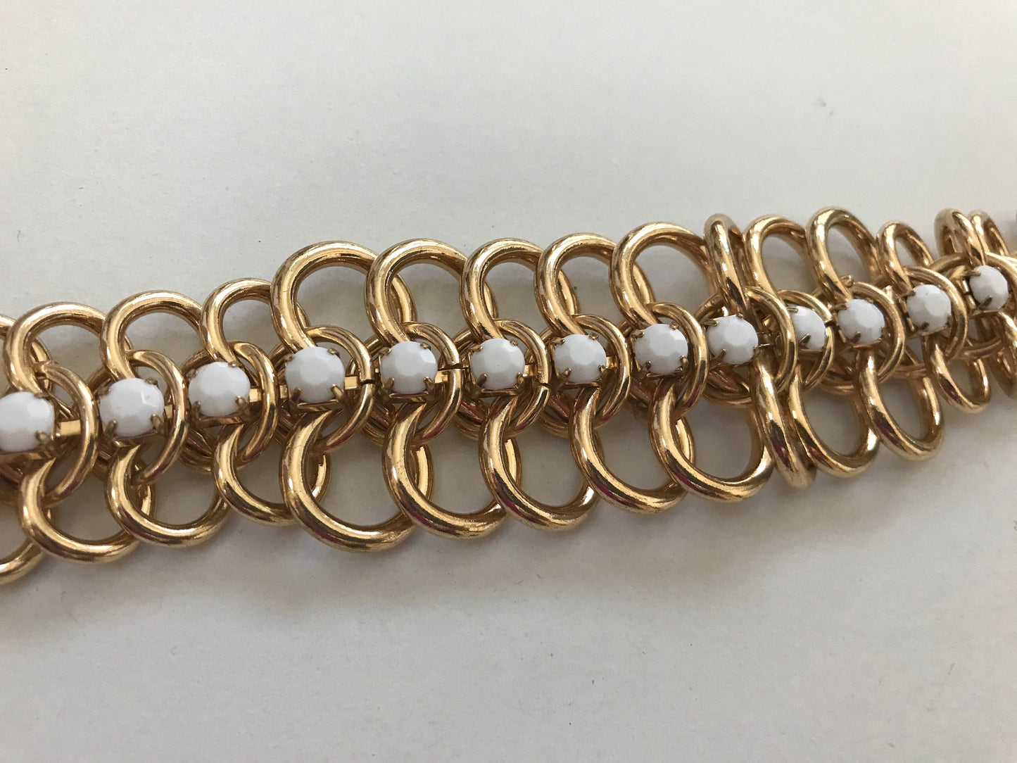 Unique chunky vintage goldtone chain statement necklace studded with milk glass rhinestones