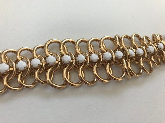 Unique chunky vintage goldtone chain statement necklace studded with milk glass rhinestones