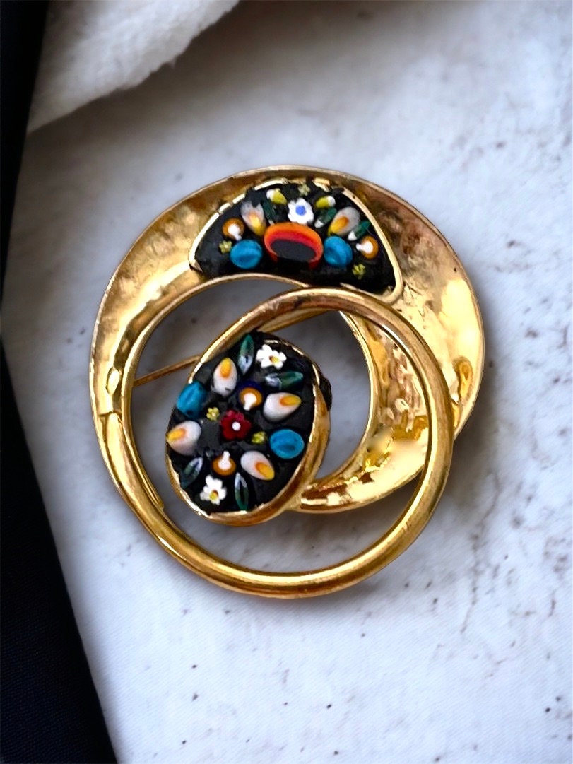 One-of-a-kind micro mosaic pin - glass micro mosaic on goldtone hammered metal