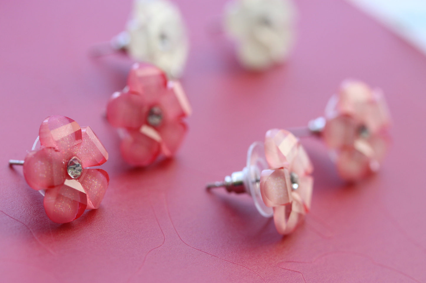 Stud flower earrings with rhinestone centers - dark pink, light pink, ivory - your choice