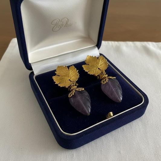 Vintage Goldtone Leaves Clip On Earrings with Carved Amethyst Drops | Retro Statement Jewelry