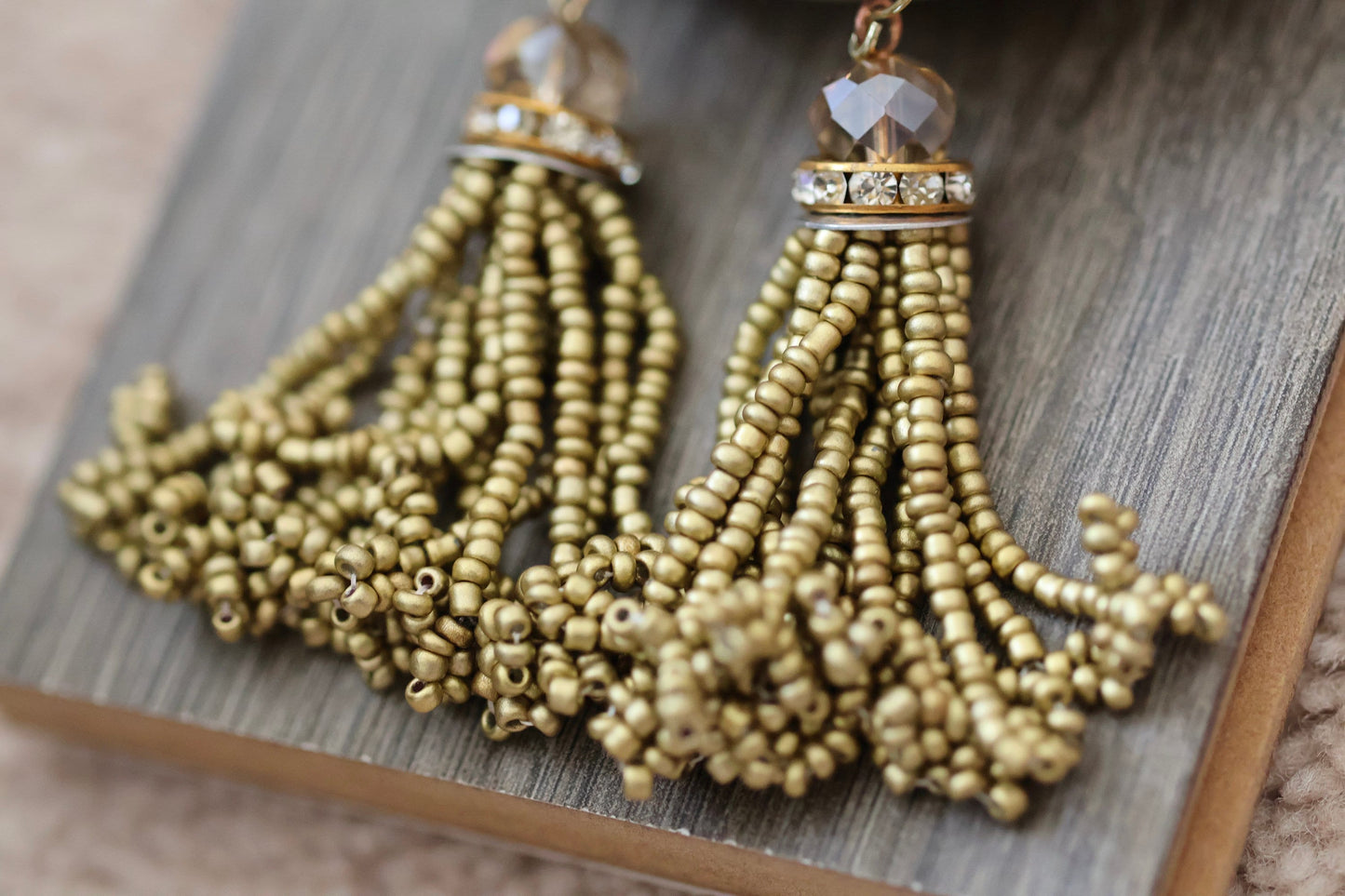 Stunning vintage beadwork gold tassel and crystal dangle earrings