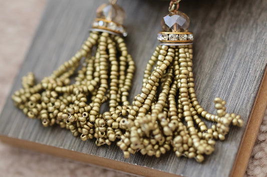 Stunning vintage beadwork gold tassel and crystal dangle earrings