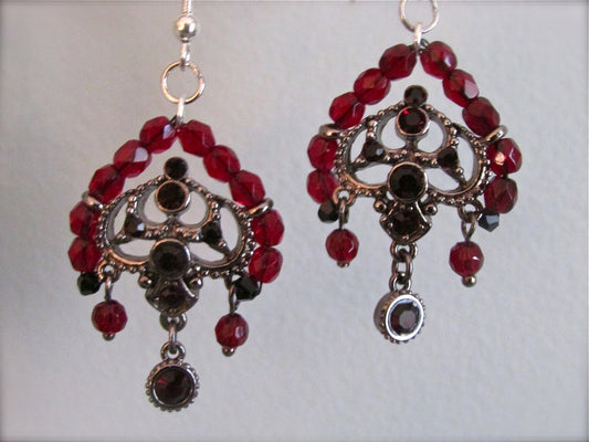 Chandelier dangle earrings - upcycled vintage base with Czech fire polished cranberry glass crystals & Swarovski crystals