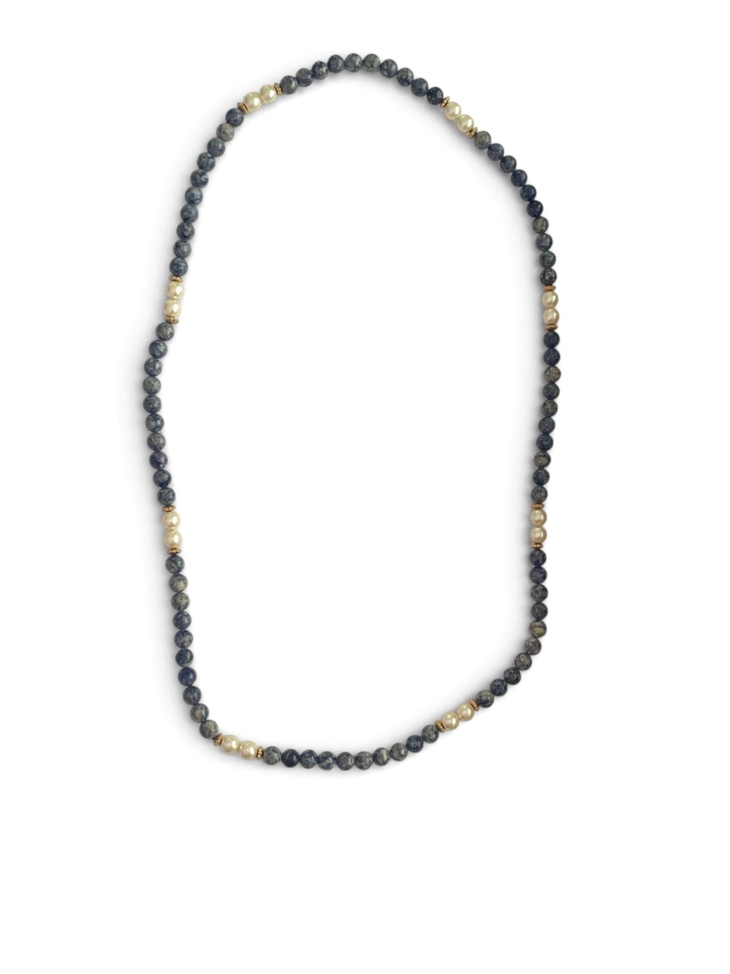 Long Blue Sodalite & Faux Pearl Necklace 32” Vintage Beaded Strand Gold Spacers Layering Statement Jewelry
