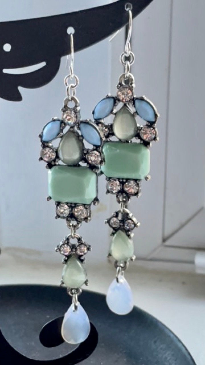 One-of-a-kind handmade mixed material long dangle earrings - vintage and new materials