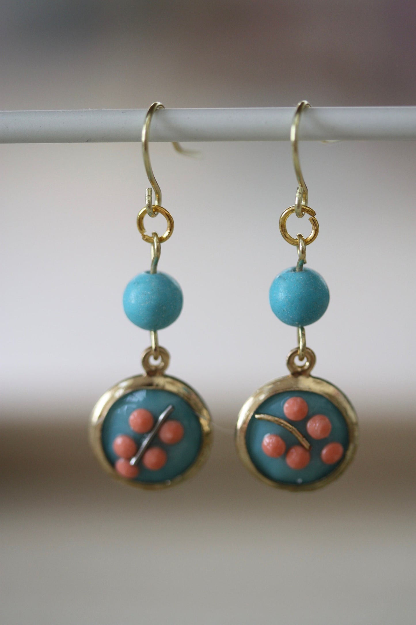 Sweet handmade peach dotted blue floral dangle earrings