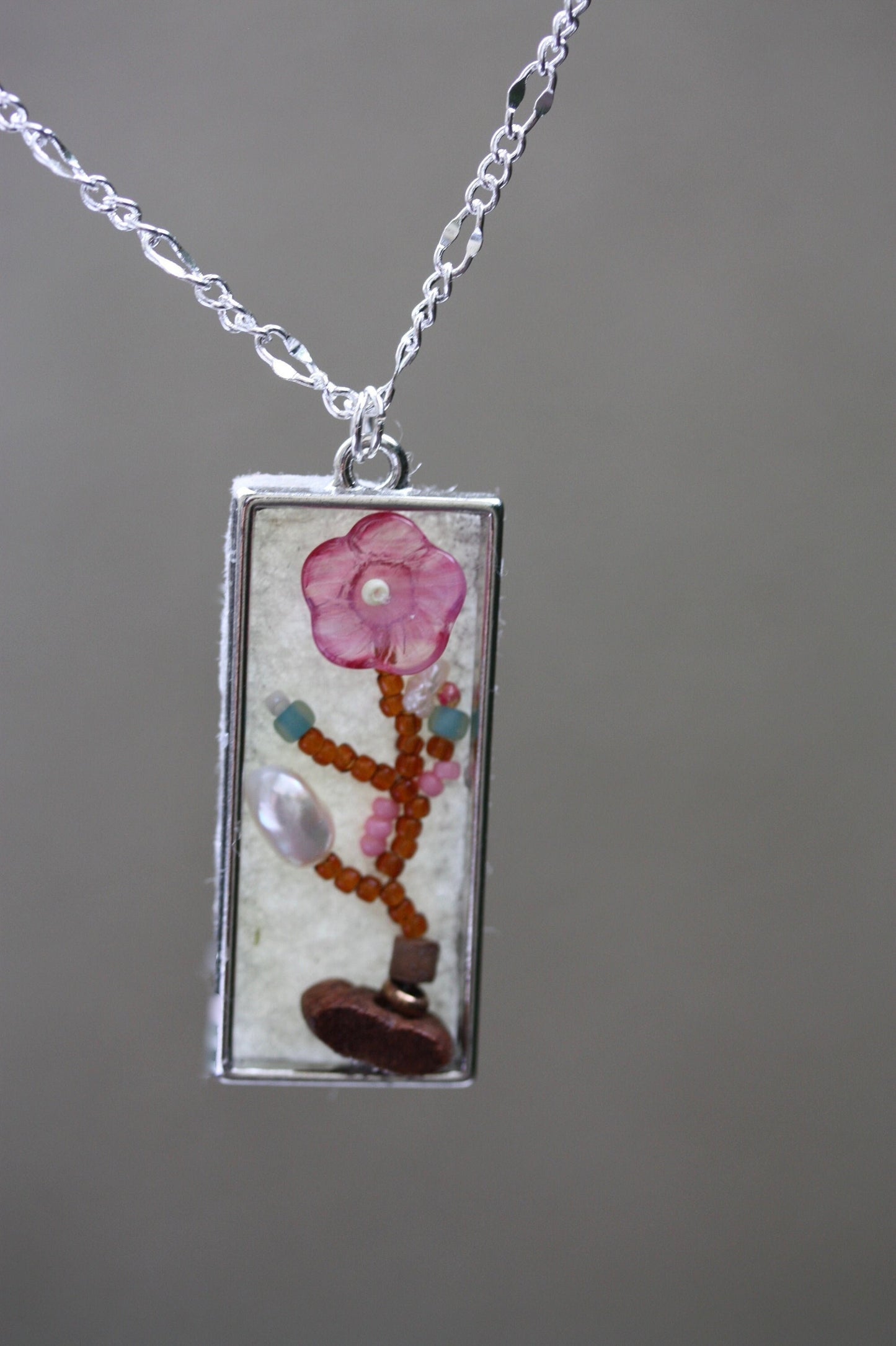 Asian inspired "painting" with beads - mixed material necklace - baroque pearl, glass, wood, metal