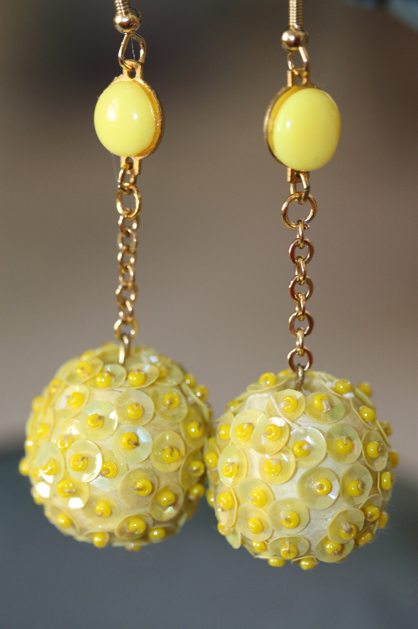 Upcycled yellow sequined ball drop earrings