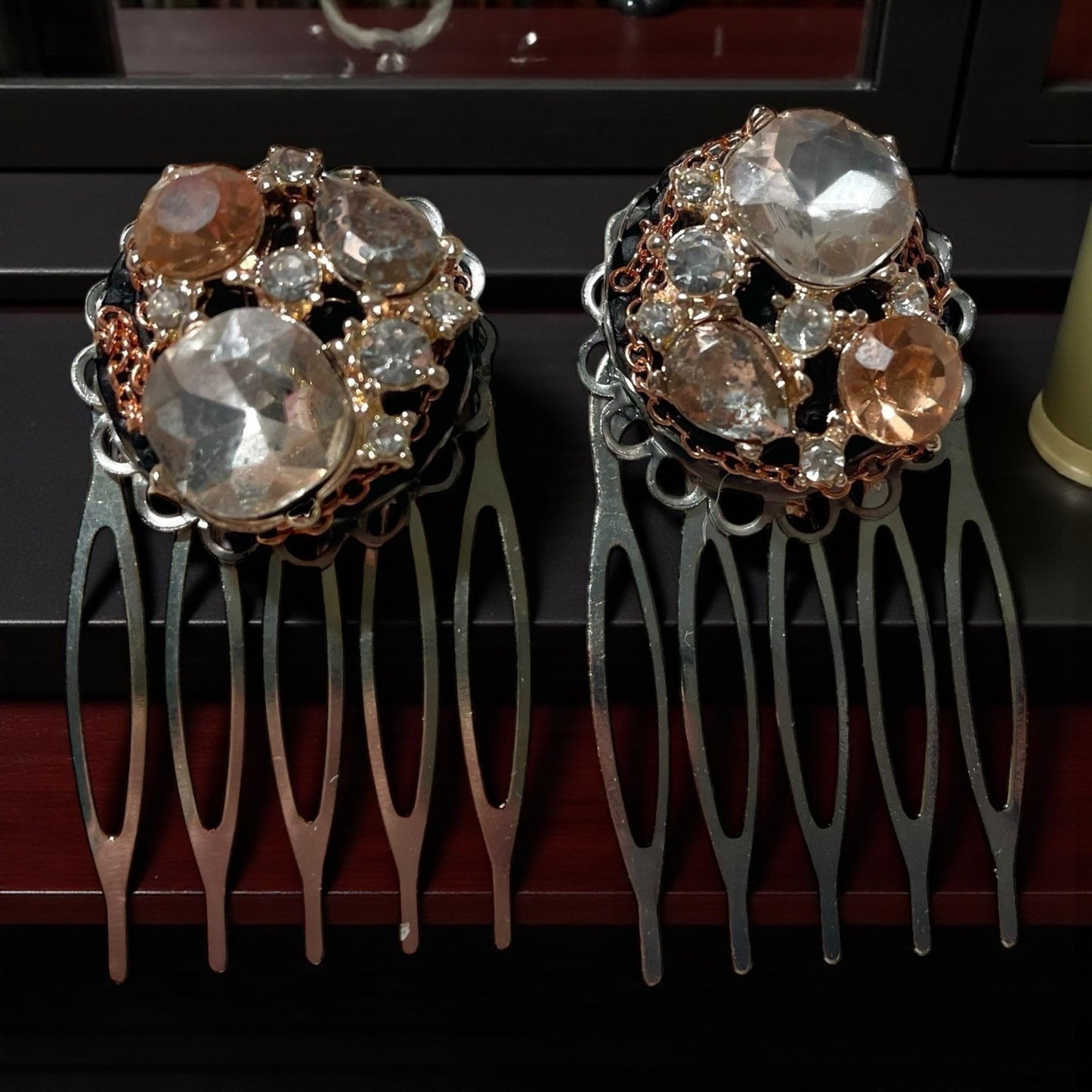 Handmade Jeweled Hair Combs – Vintage-Inspired Champagne and clear rhinestone Hair Accessories, Bridal or Evening Hairpiece (Set of 2)