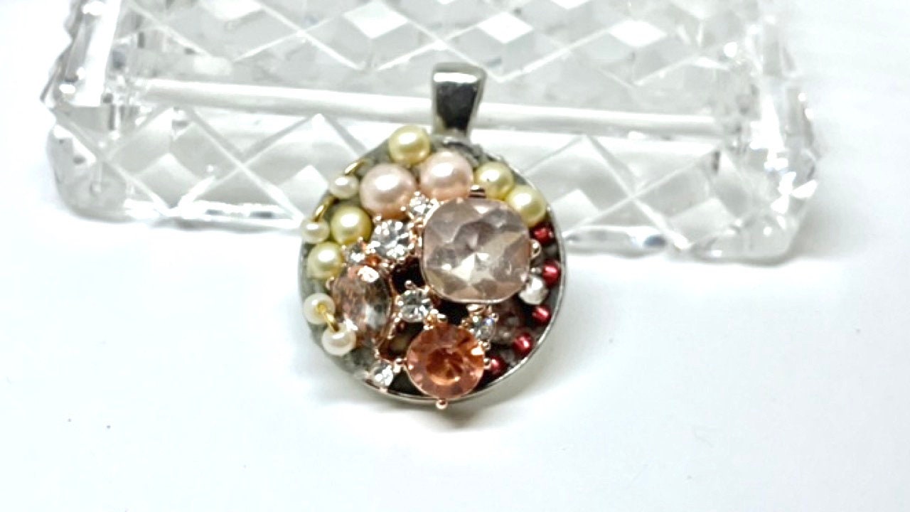 Inlaid faux pearls and rhinestones handmade mosaic necklace pendant - angel  - mixed materials