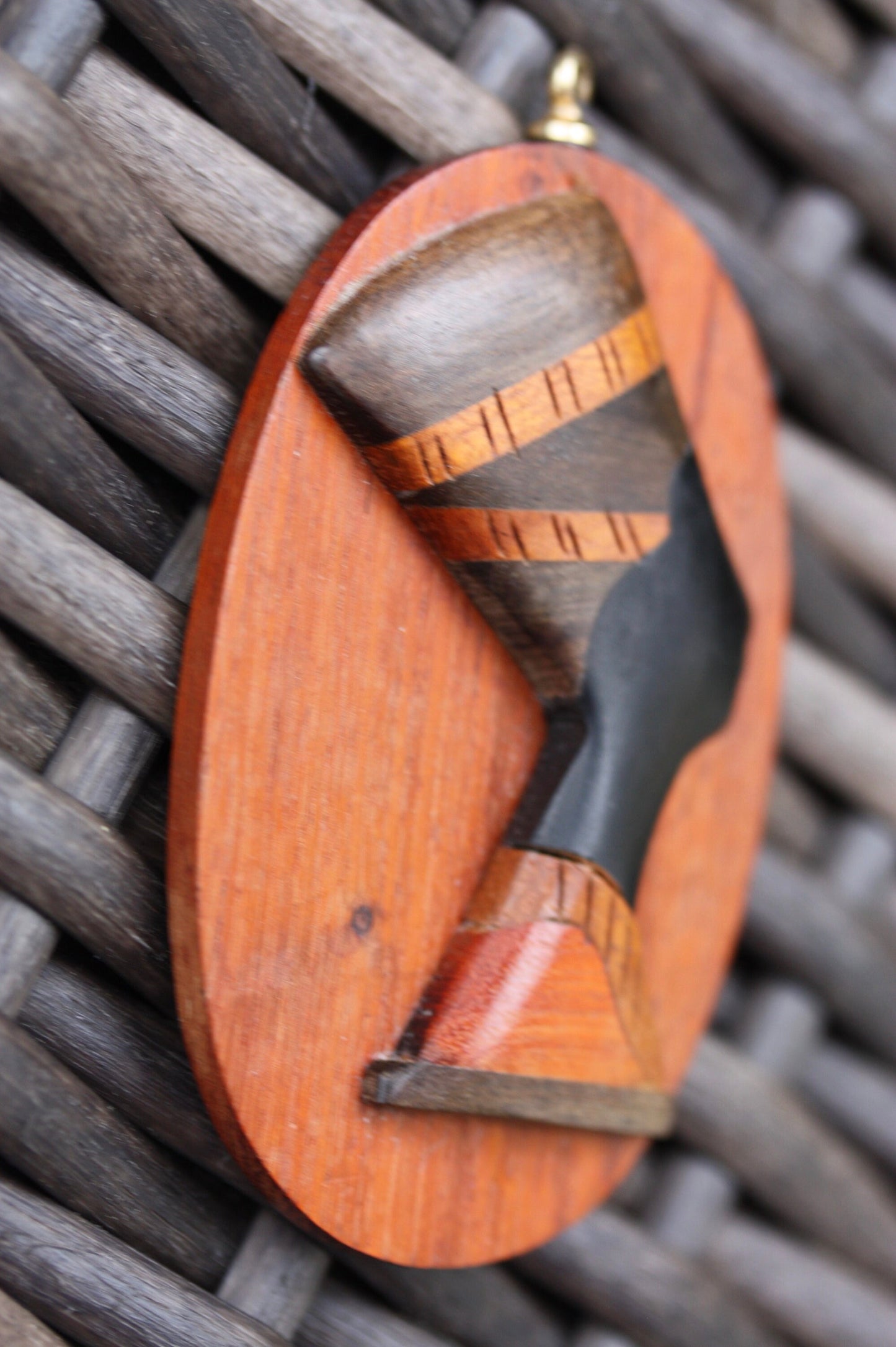 Stunning vintage inlaid wood carved sculptural African woman necklace pendant