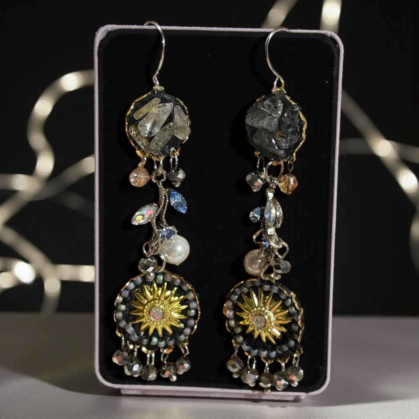Celestial Sunburst Dangle Earrings – Handmade Boho Statement Jewelry with rutilated quartz,  rhinestones, faux pearls & Beads