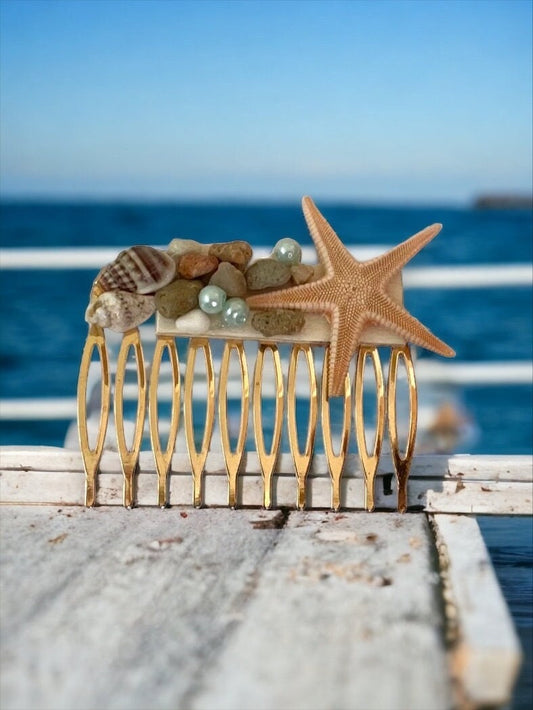 Stunning beach themed hair comb - starfish, stones, shells, faux pearls on goldtone metal
