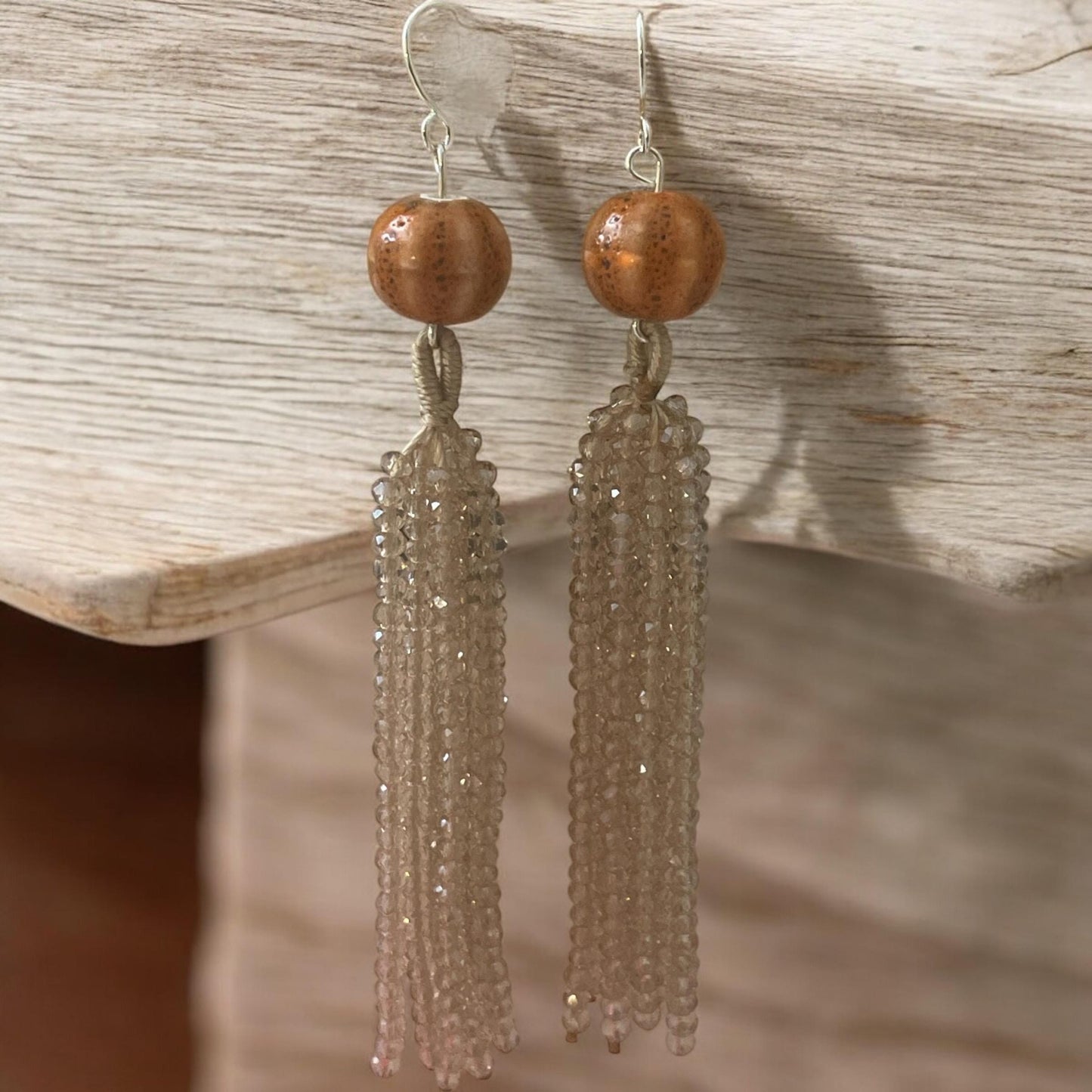Handmade earrings - Beaded crystal beaded dangle earrings with orange speckled porcelain top