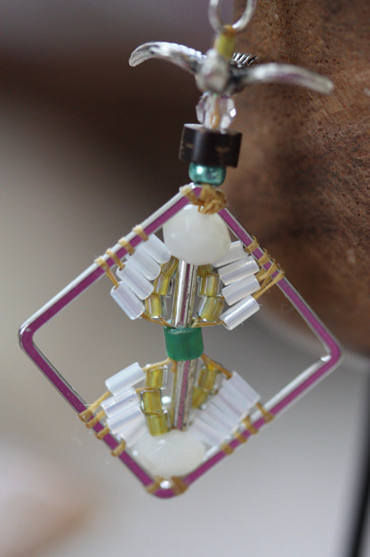 Birds taking flight - intricate beadwork seed bead dangle earrings on diamond-shaped base with flying bird embellishments