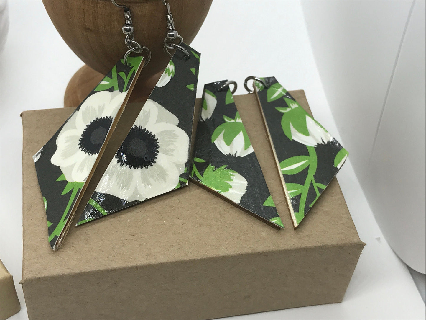 Unique handmade earrings - made of mixed materials - specialty paper, sealant and wood