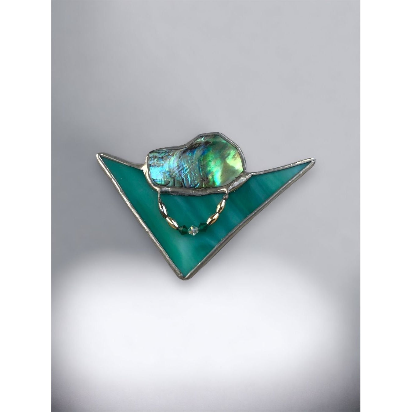 Stunning and unique 2 1/2" vintage triangular stained glass pin with abalone and beadwork