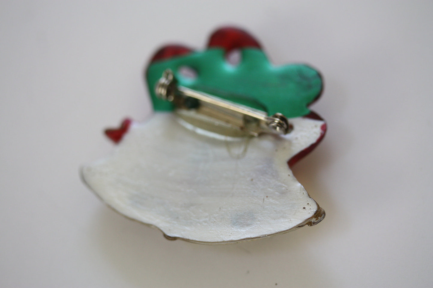 Unique old vintage charming Christmas bells pin with red ribbon and holly - classic /classy vintage Chritmas pin - lucite?