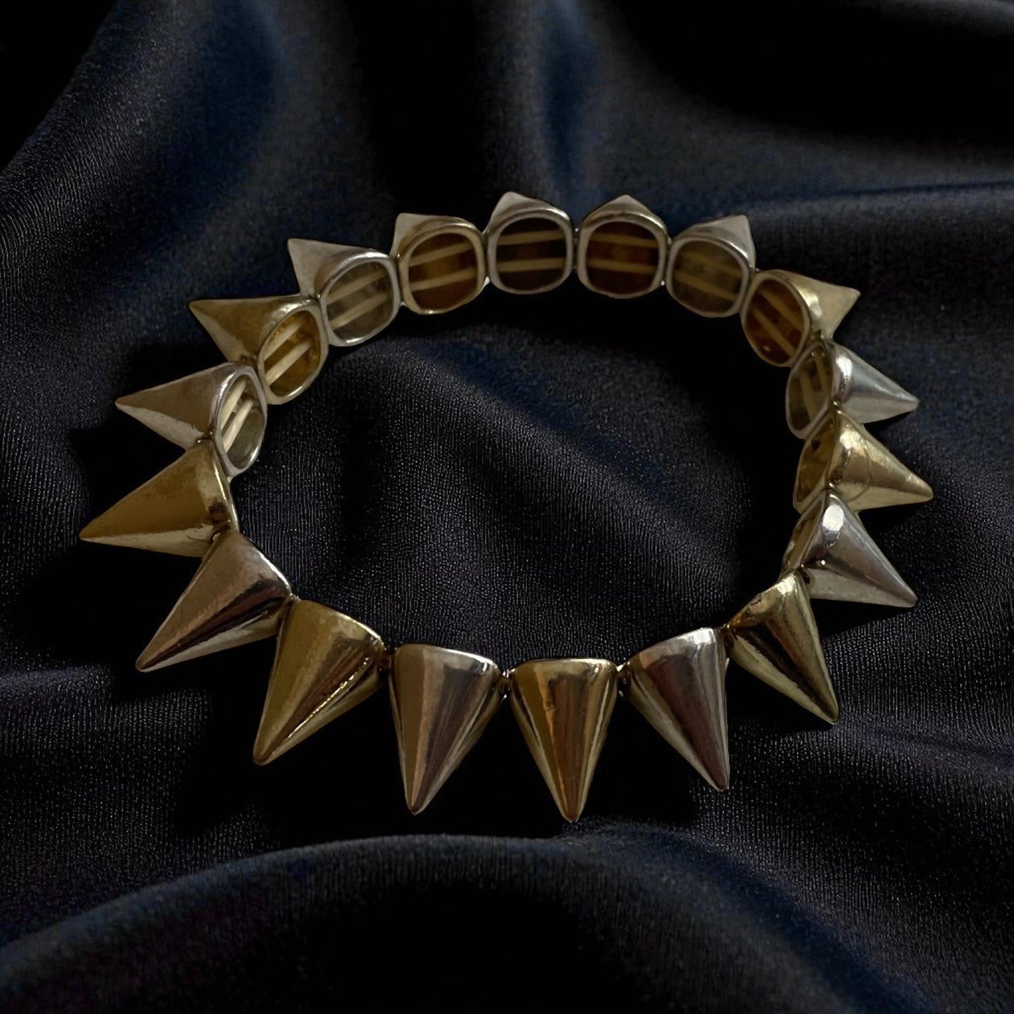 Goldtone and Silvertone Spike Stretch Bracelet – Vintage Mixed Metal Statement Jewelry, Retro Punk Style