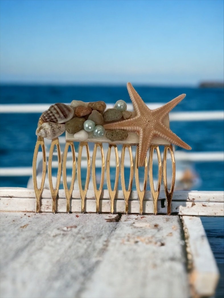 Stunning beach themed hair comb - starfish, stones, shells, faux pearls on goldtone metal