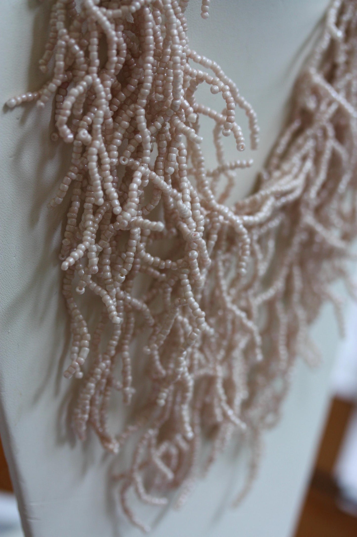 Stunning Cream Color Beaded Fringe Statement Necklace with hundreds of tiny glass seed beads
