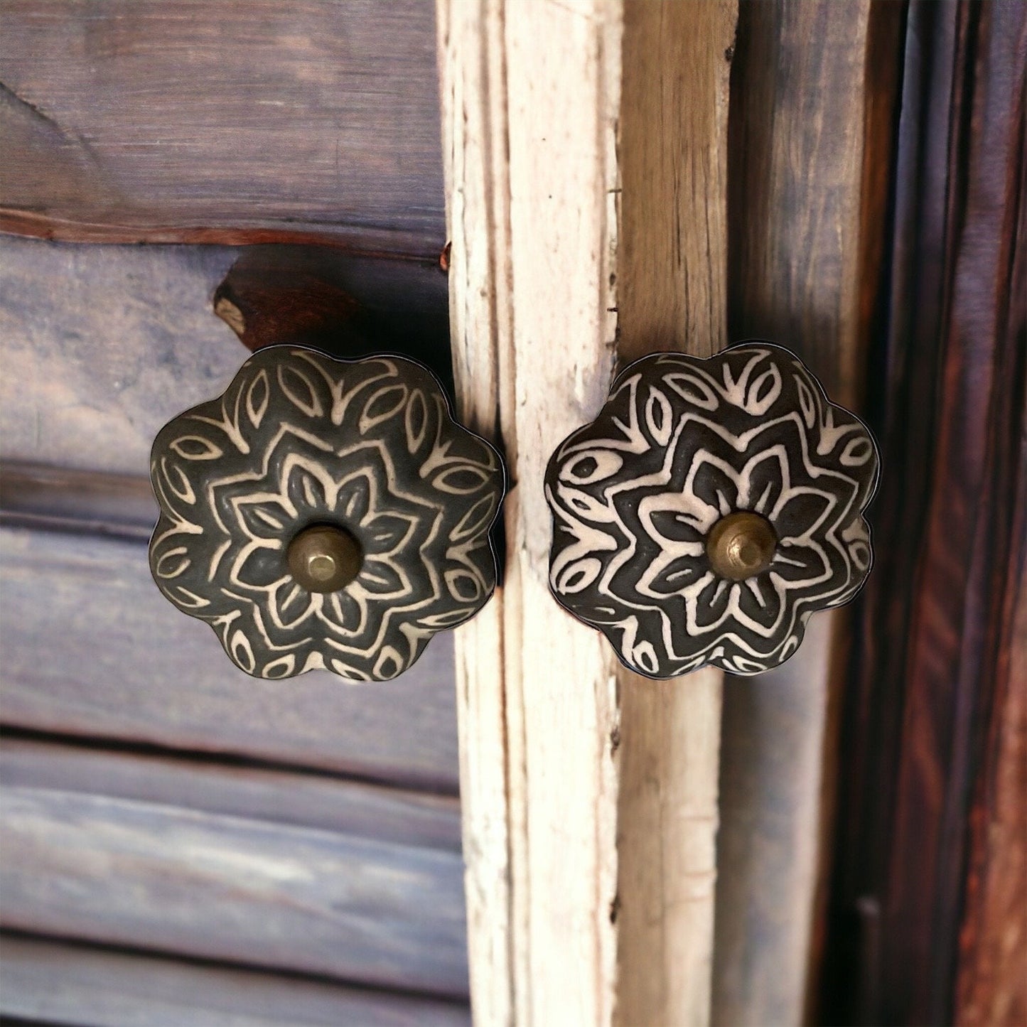 Pair of black and white vintage drawer pulls
