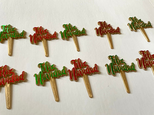 Pair of red and/or green iridescent plastic cake toppers - Feliz Navidad