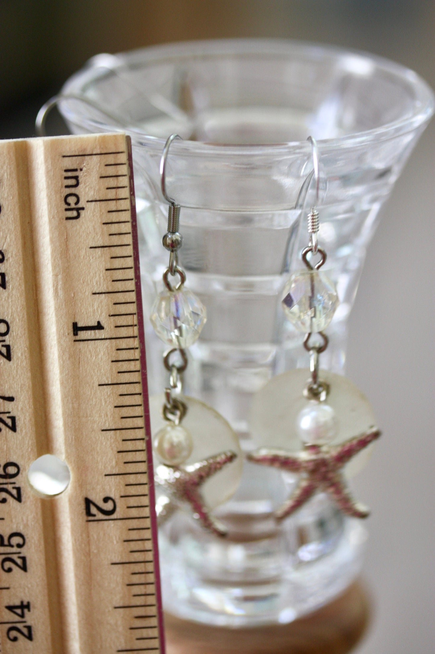 Capiz shell, faux pearl and silvertone starfish beach themed dangle earrings
