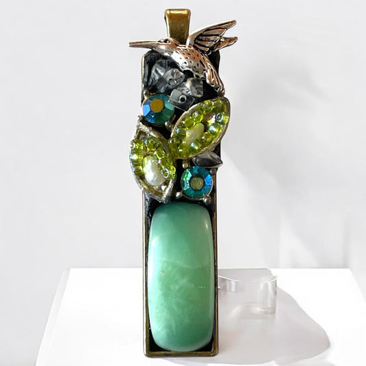 Handmade Mosaic Necklace with Jade Stone, Rhinestones, Pearl & Metal Trim, Flying Hummingbird Pendant, Unique Artisan Jewelry Gift