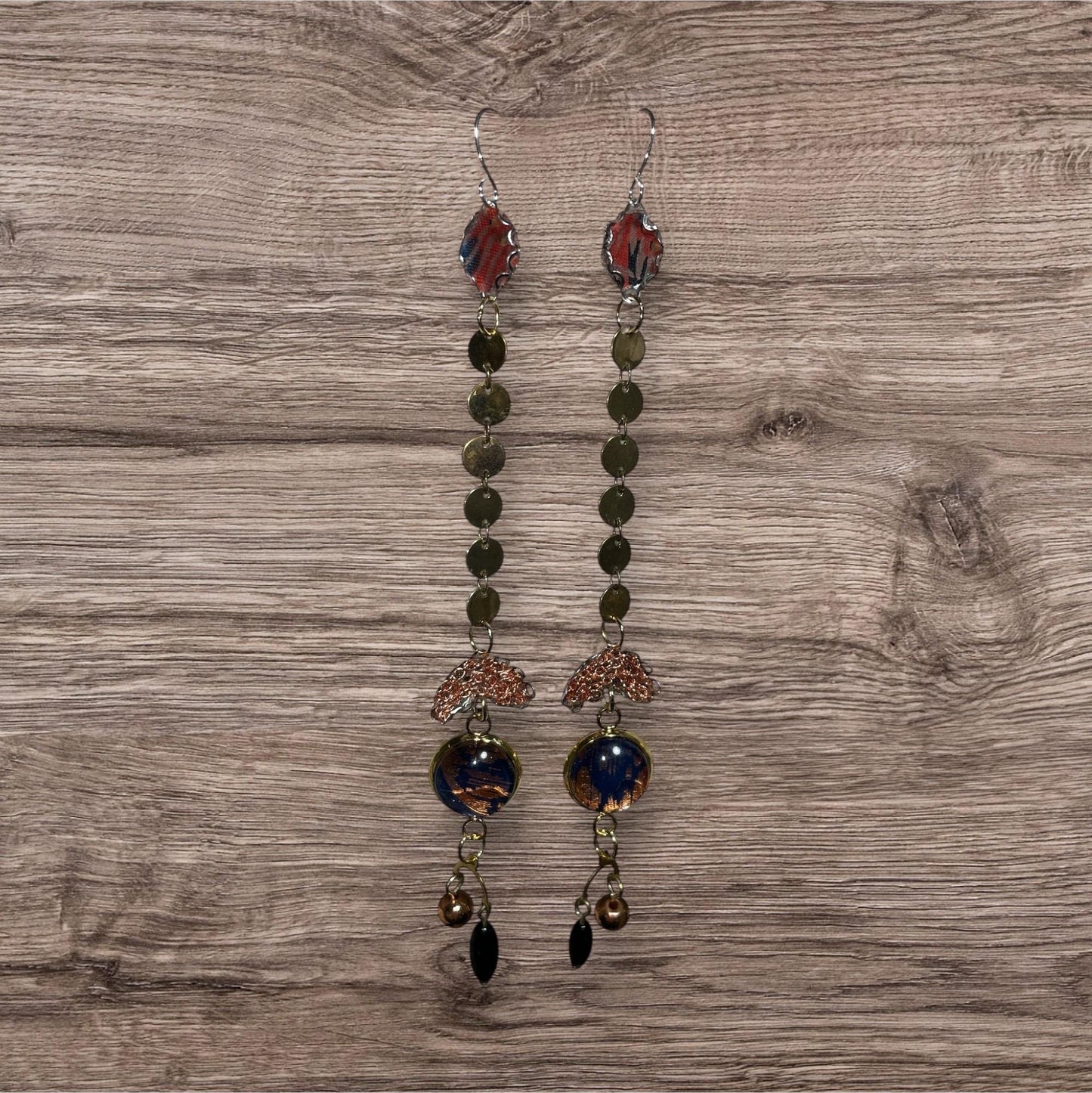 Handmade Long Boho Dangle Earrings – Mixed Metal & Fabric Statement Earrings, Artistic Drop Jewelry with Beads, Modern Design - "Red Sky"