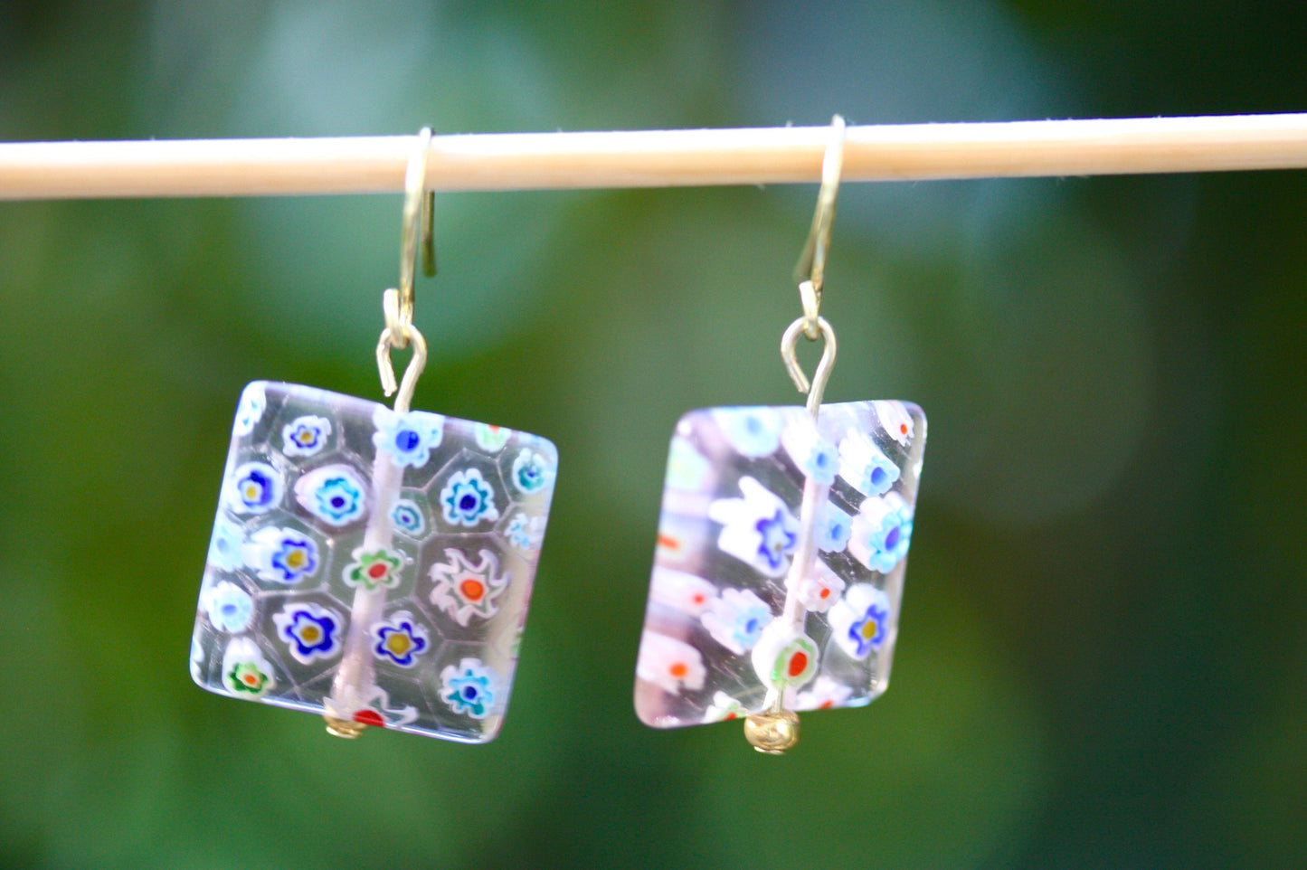 Stunning square glass millefiori floral dangle earrings