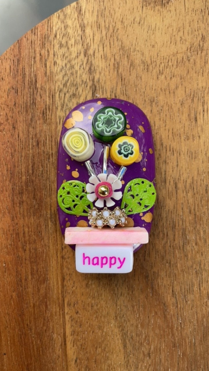 Handmade, one-of-a-kind assemblage art - flower bouquet - can be ordered as a necklace, pin or magnet - with or without words