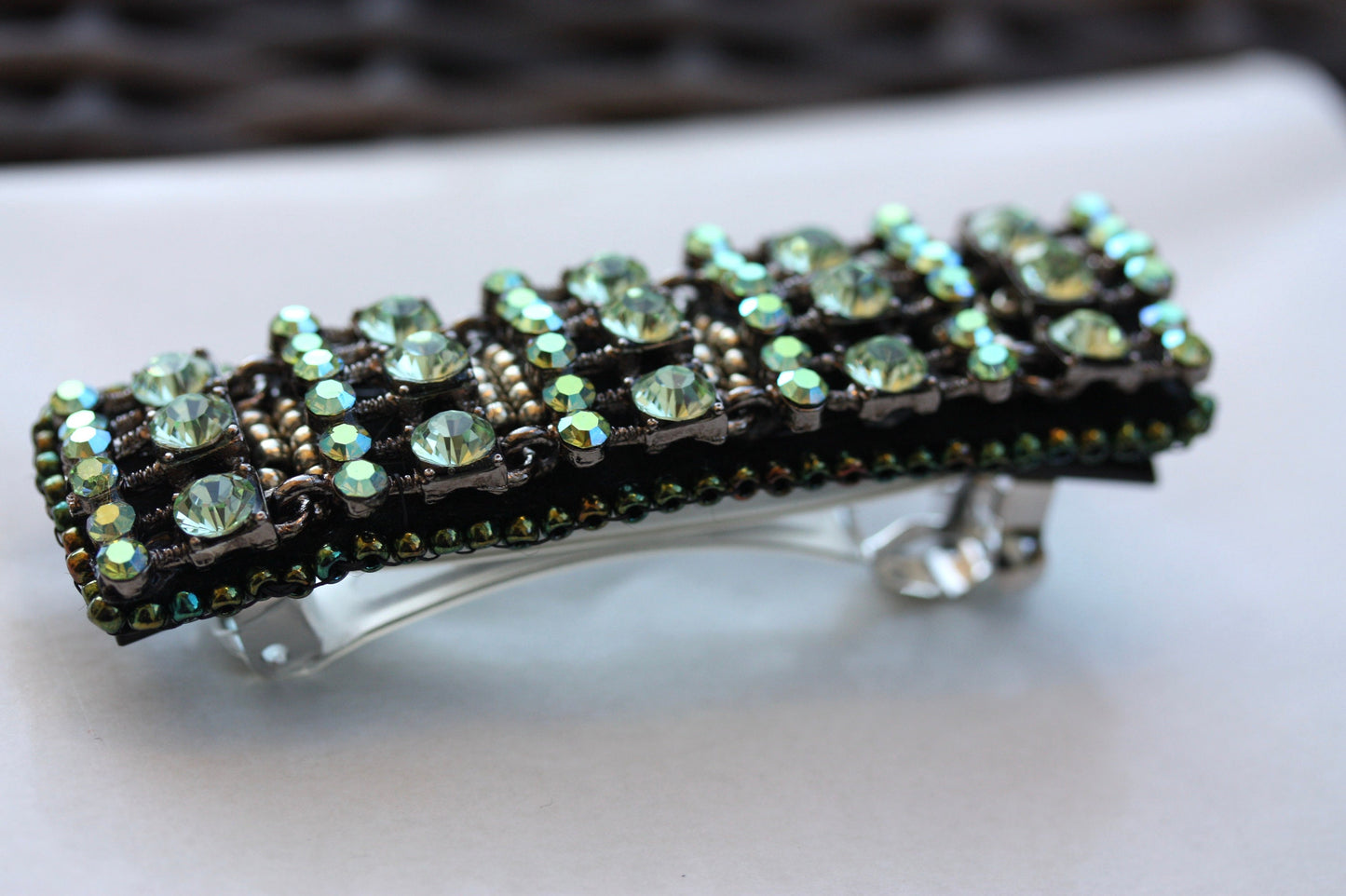 Stunning green AB crystal style rhinestone, metal and glass beadwork hair barrette - hair clip, hair accessories