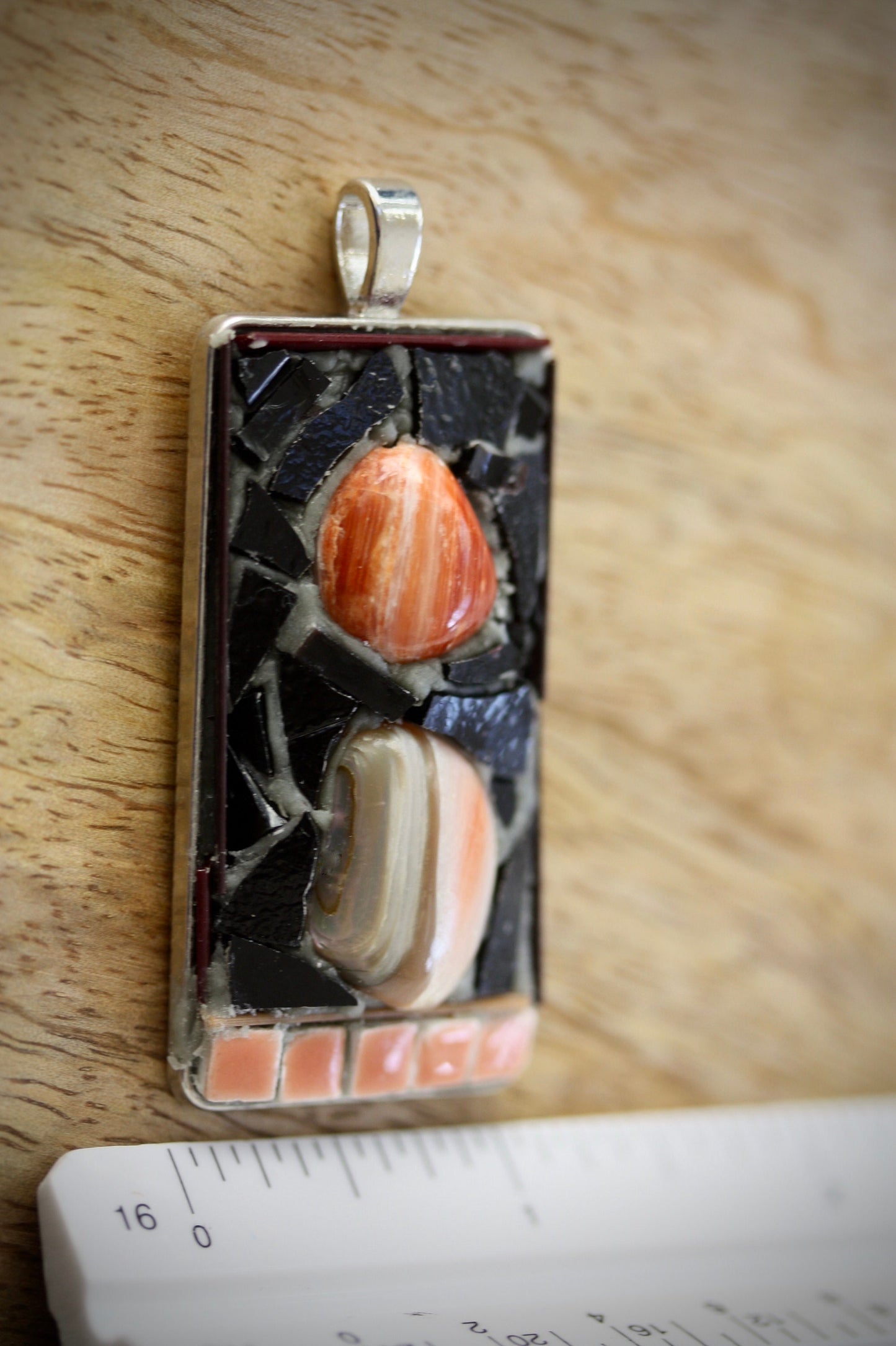 Handmade mixed material mosaic necklace - abalone, black glass, terra cotta orange colored ceramic
