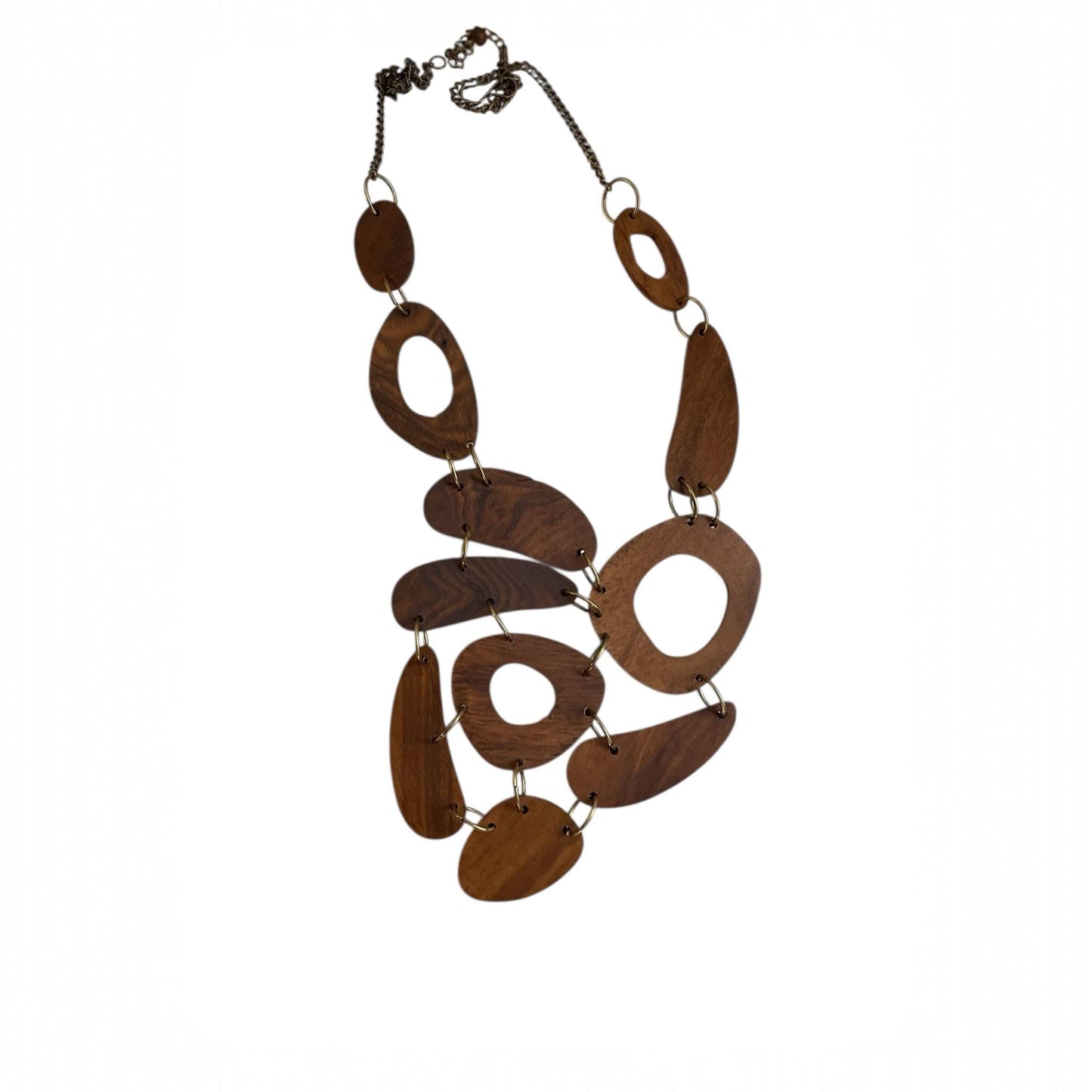 Vintage Wood Statement Necklace | Large Mixed Wood and Brass Tone Links | Boho Artisan Style Necklace | Chunky Wood Jewelry