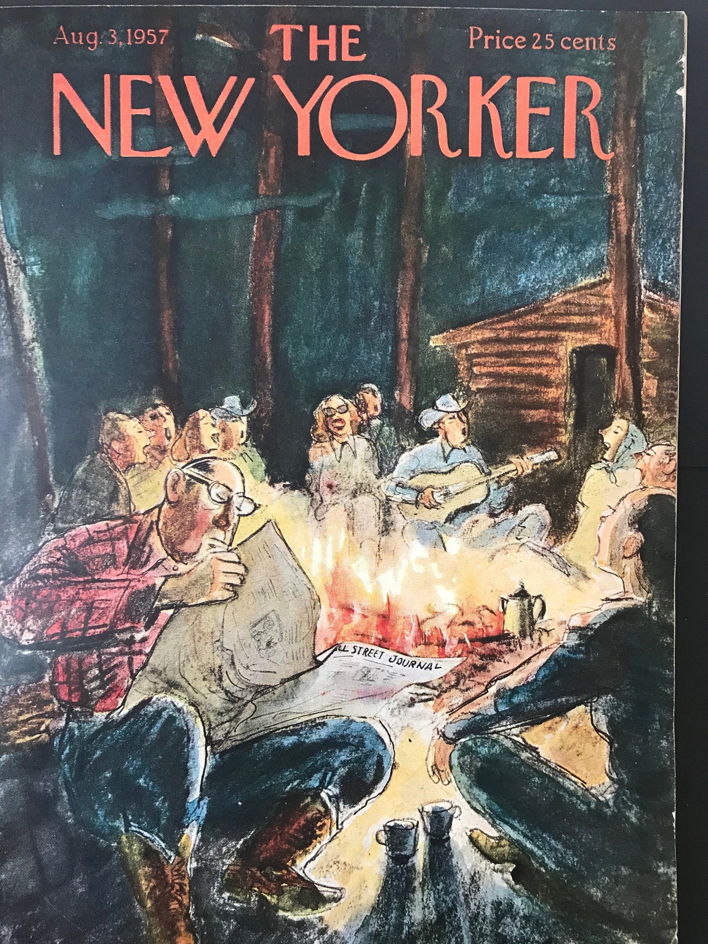 The NEW YORKER Magazine original cover - August 3, 1957 - singing and reading around the campfire