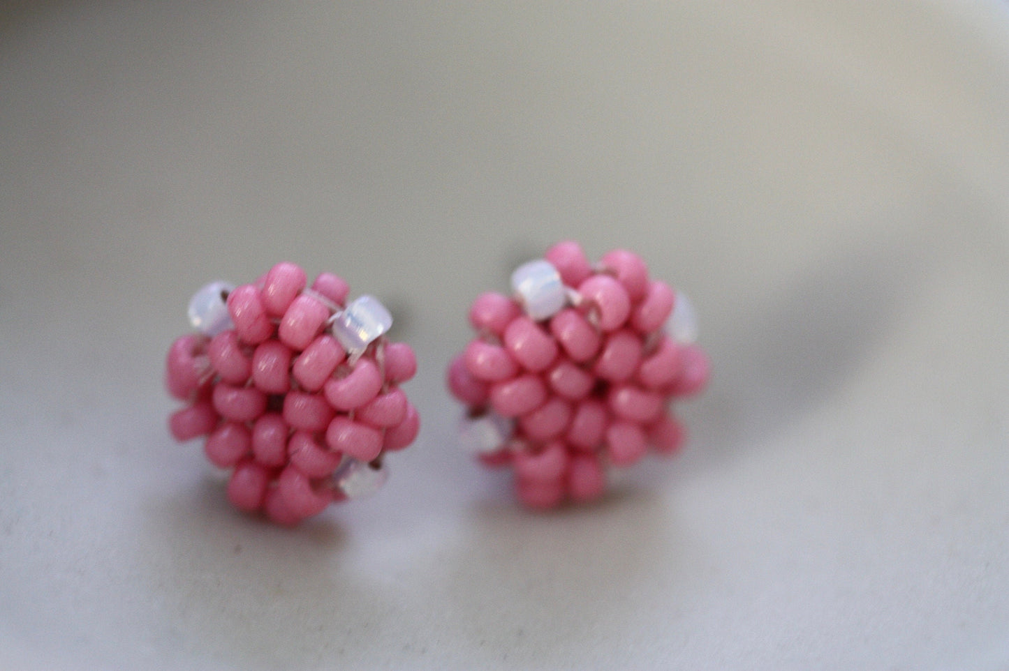 Hand beaded stud earrings - pink and white - studs, beadwork studs, beaded studs