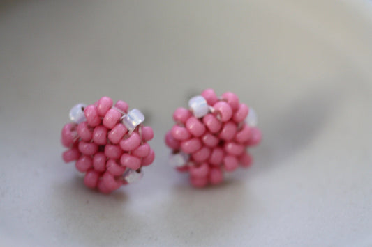 Hand beaded stud earrings - pink and white - studs, beadwork studs, beaded studs