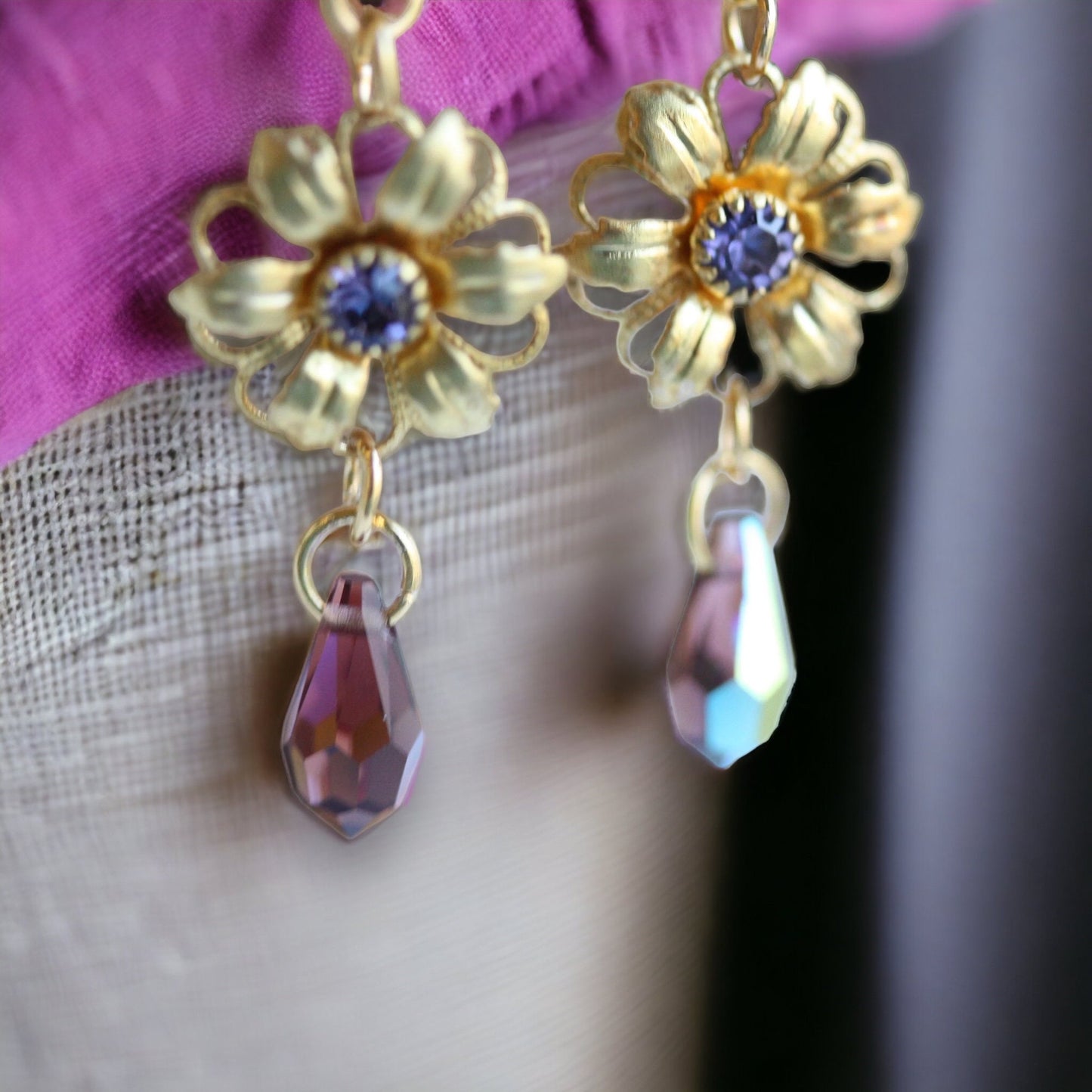 Handmade earrings - made up of vintage & new components - gold flowers with purple rhinestones and crystal dangles