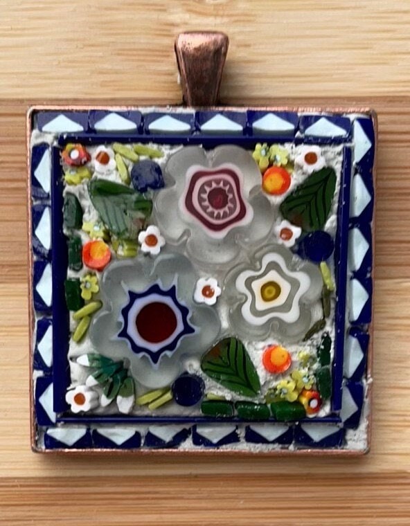 My handmade mosaic necklace - "Flower garden" - hand cut ceramic and glass with millefiori flowers
